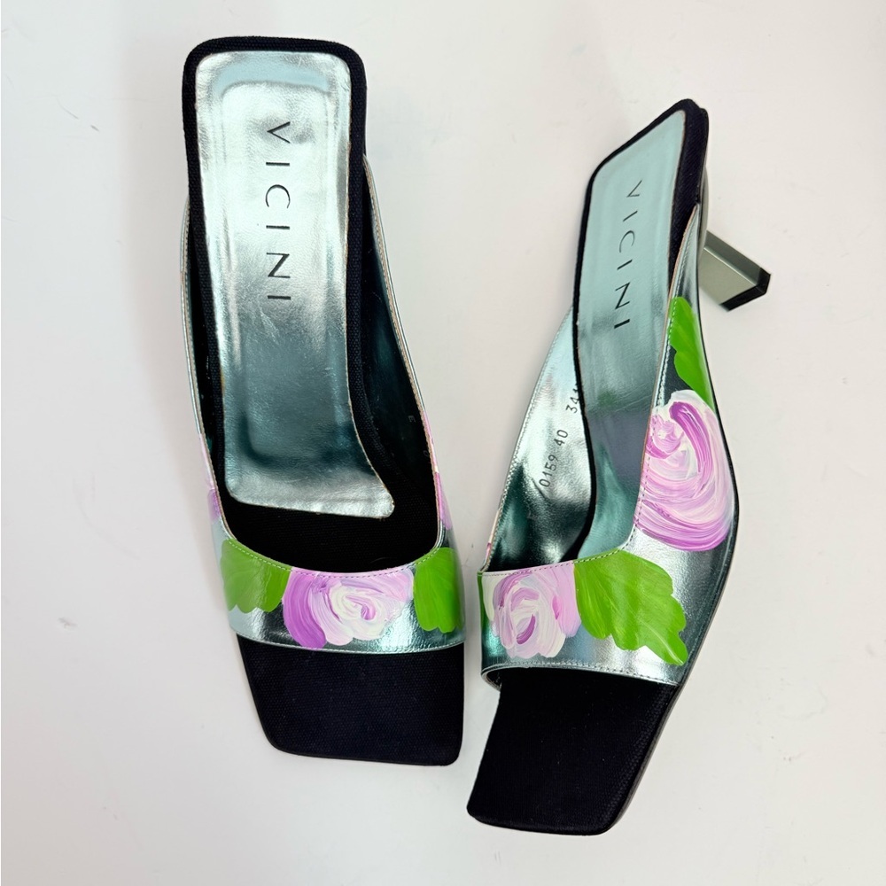 Vicini by Giuseppe Zanotti Y2K Black Metallic blue floral square toe mules EU 40